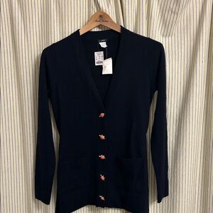 Unique J. Crew Navy Cardigan with gold and cabochon turtle buttons and diamonds.